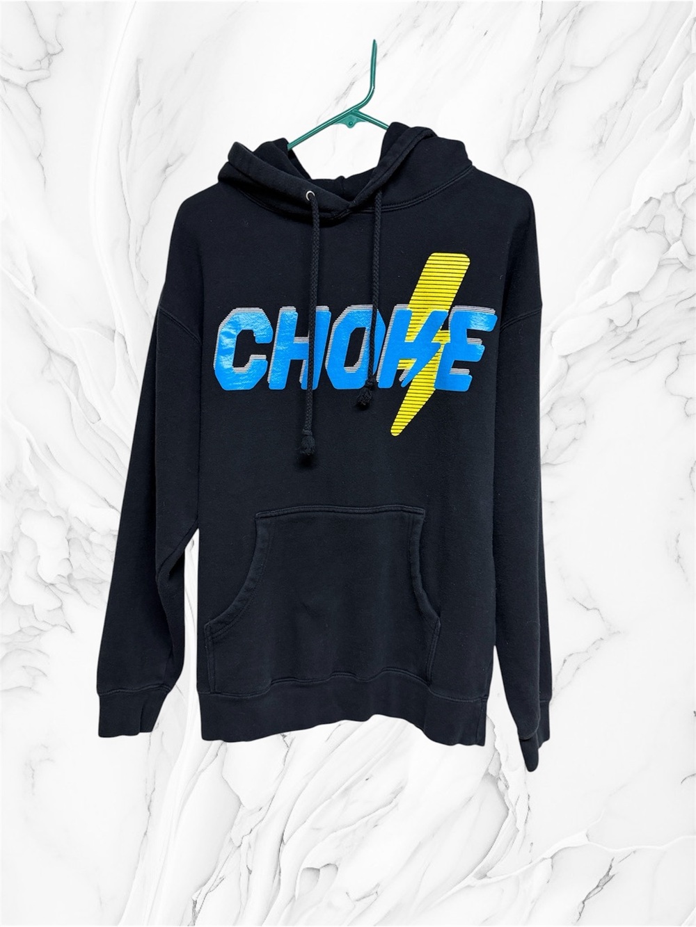 Choke Black Hoodie with Blue 'CHOKE' Text and Yellow Lightning Graphic Medium